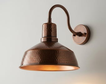 Hammered Copper Gooseneck Barn Sconce | Antique Farmhouse Wall Light, 1920s Style
