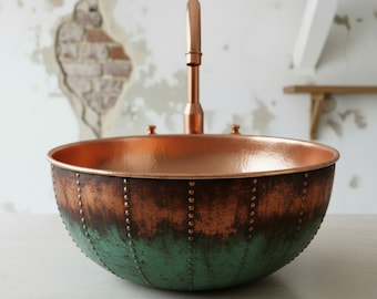 Lavabo de cobre oxidado, lavabo de baño con pátina verdigrís rústica
