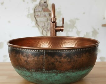 Lavabo de cobre oxidado, lavabo de baño con pátina verdigrís rústica