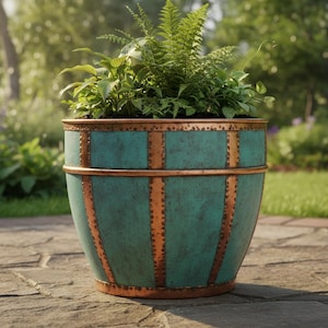 May include: A large, teal-colored planter with copper-colored accents and rivets. The planter is filled with various green plants and ferns. The planter is outdoors on a stone patio, with a blurred background of greenery.