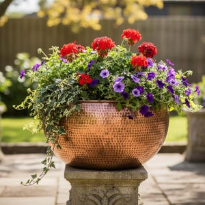 May include: A large, hammered copper planter overflowing with vibrant red geraniums, purple petunias, and trailing ivy. The container sits atop a decorative stone pedestal, creating a striking garden display. The copper pot has a textured surface.