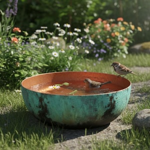 Handmade Copper Bird Bath, Green Patina Garden Decor, Rustic Wildlife Water Bowl