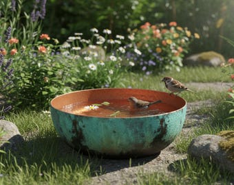 Handmade Copper Bird Bath, Green Patina Garden Decor, Rustic Wildlife Water Bowl