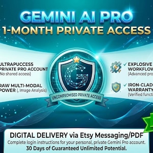 May include: A digital advertisement for Gemini AI Pro, offering 1-month private access. The design features a shield with a network graphic, text, and icons highlighting features like private account, image analysis, and creative workflows. The ad promises instant delivery via Etsy messaging.