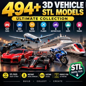 以下が含まれることがあります： 494種類以上の3D車両STLモデルのデジタルコレクション。車、RCカー、レーシングカー、飛行機、オートバイ、船、列車が含まれています。画像には、赤いスポーツカー、フォーミュラカー、青いオートバイ、飛行機、クルーズ船が描かれています。