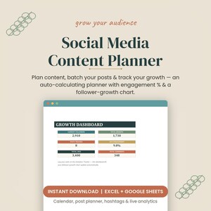 Planilha de Planejamento de Mídias Sociais no Google Sheets, Calendário de Conteúdo, Planejador de Posts, Rastreador de Análises, Planejador do Instagram, Download Digital