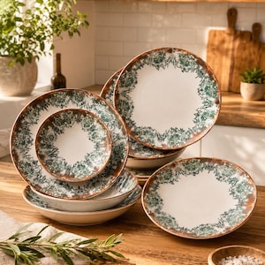 Rustic Ceramic Dinnerware Set, Green Earthy Glaze, Modern Farmhouse Dishware for 6