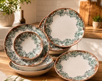 Servizio di stoviglie rustiche in ceramica, smalto verde terroso, stile moderno da fattoria per 6 persone