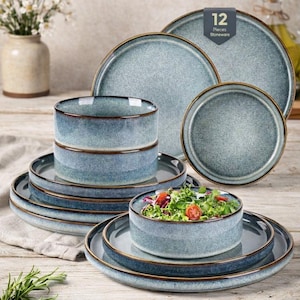 12-teiliges Geschirr-Set aus Steinzeug, Reaktivglasur Blau Rustikal Teller Schalen