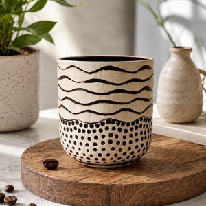 May include: A cylindrical ceramic mug featuring a cream-colored base with a hand-painted black design. The upper portion displays horizontal wavy lines, while the lower section is decorated with a dense pattern of black polka dots.