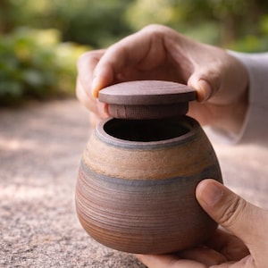 May include: A small, handcrafted ceramic jar with a lid. The jar is a warm brown colour with horizontal bands of tan and grey. The lid is a matching brown. The jar is held by two hands, with the lid being lifted.