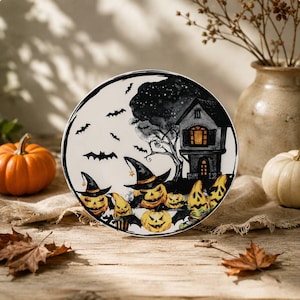 Plato de servir de bruja de Halloween – Casa embrujada, plato de cerámica con acuarela de calabaza