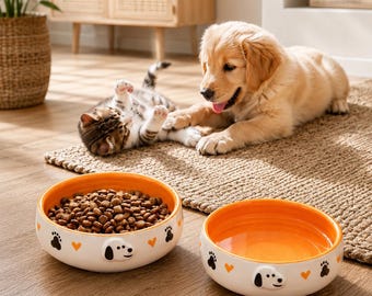 Handmade Ceramic Pet Bowl Set, Modern Orange Dog Cat Feeder, Paw Print Dish