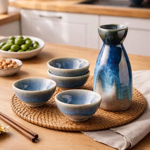 May include: A sake set comprising a blue and white ceramic carafe and four small bowls. The carafe has a distinctive shape and colour gradient. The set is presented on a woven mat, suggesting a dining or serving context.