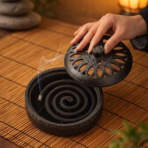 以下が含まれることがあります： 黒い鋳鉄製のお香立て。装飾的な透かし彫りの蓋が付いています。 渦巻き状のお香が入っており、煙が立ち上っています。 竹製のマットの上に置かれており、リラックスとアロマテラピーを連想させます。