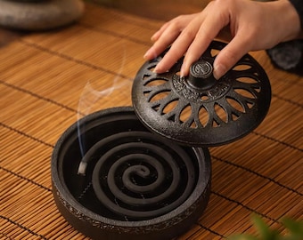 蓋付き鋳鉄製香炉、和風禅コイルホルダー、耐火トレイ、アロマセラピー装飾