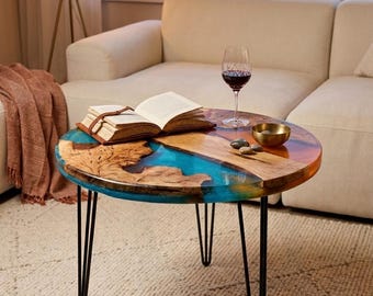 Unique Handmade Blue & Orange Epoxy Olive Wood Coffee Table – One of a Kind