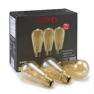 May include: A black box of LUXEL GROUP LED light bulbs with amber glass. The box reads "75W Equivalent Energy Used 8W" and "Lasts 13.7 Years." Several bulbs are displayed in front of the box.