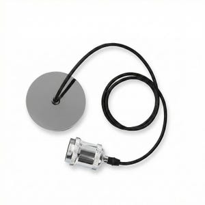 May include: A chrome-finished light fixture with a black cord and a circular ceiling plate. The fixture includes a socket and a coiled cord, designed for easy installation. The ceiling plate is a shiny, metallic gray.