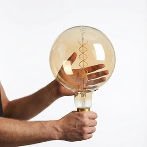 May include: A large, amber-colored decorative light bulb with a spiral filament. The bulb has a round shape and a brass base. The bulb is being held by a person.