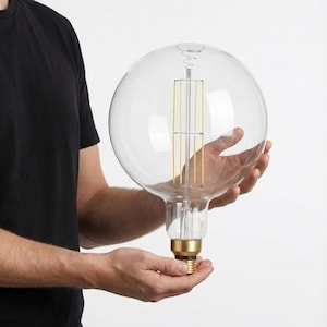 May include: A large, clear glass light bulb with a gold base and internal vertical yellow filaments. The bulb is held in both hands against a white background. The bulb's spherical shape and internal components are visible.