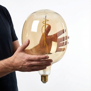 May include: A large, amber-colored decorative light bulb with a visible filament. The bulb is held by a person, showcasing its size and design. The base is gold-colored, and the bulb has a vintage aesthetic.
