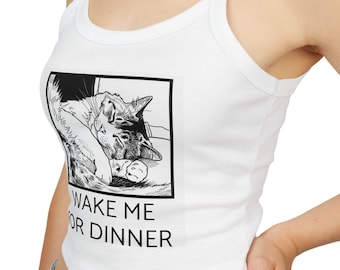 Sleeping Cat Illustration Wake Me For Dinner Tank Top | Cute Cat Graphic