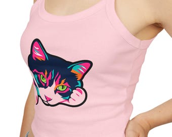 Neon Cat Face Tank Top | Bold Pink Teal Graphic | Cat Lover Apparel