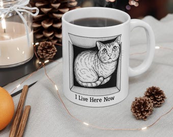 I Live Here Now Cat in Box Mug | Funny Cat Illustration | Cat Lover Gift