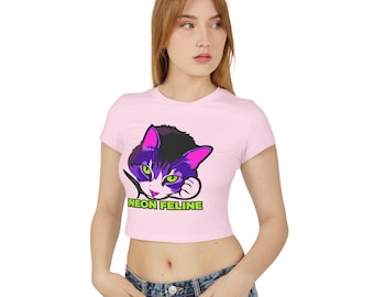 Neon Feline Cat Face Baby Tee | Retro 80s Pop Art Organic Cotton Shirt