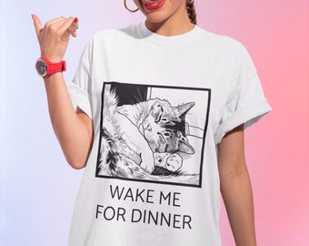 Sleeping Cat Illustration Wake Me For Dinner Tee | Cat Lover Shirt