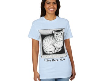 I Live Here Now Cat in Box Tee | Funny Cat Illustration | Cat Lover Gift