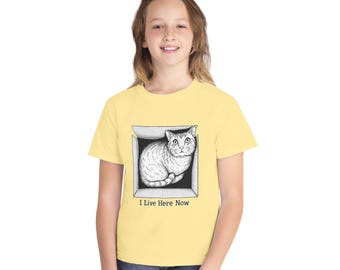 Floyd the Tabby Cat "I Live Here Now" Youth Graphic Tee | Funny Cat Shirt for Kids | Cat Lover Gift