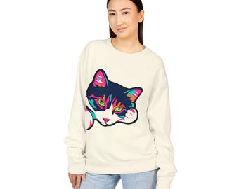 Neon Pop Art Cat Crewneck Sweatshirt | Vintage Wash, Garment-Dyed Fleece