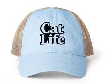 Cat Life - Mesh Back Ponytail Cap | Washed Cotton Twill | Snapback | Cat Mom Hat - Women's Washed Mesh-Back Cap