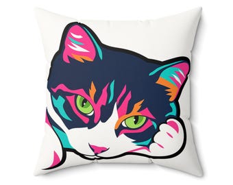 Colorful Pop Art Cat Faux Suede Square Pillow | Bright Neon Kitty Throw Pillow