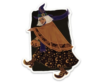 Calcomanía de vinilo impermeable ST035 de bruja de Halloween, estilo clásico, con calabaza, gato negro, capa, sombrero de bruja, media luna y estrellas