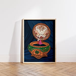 Digital illustration print leaning against a wall on hardwood floor, styled in a modern, minimalist wooden frame.