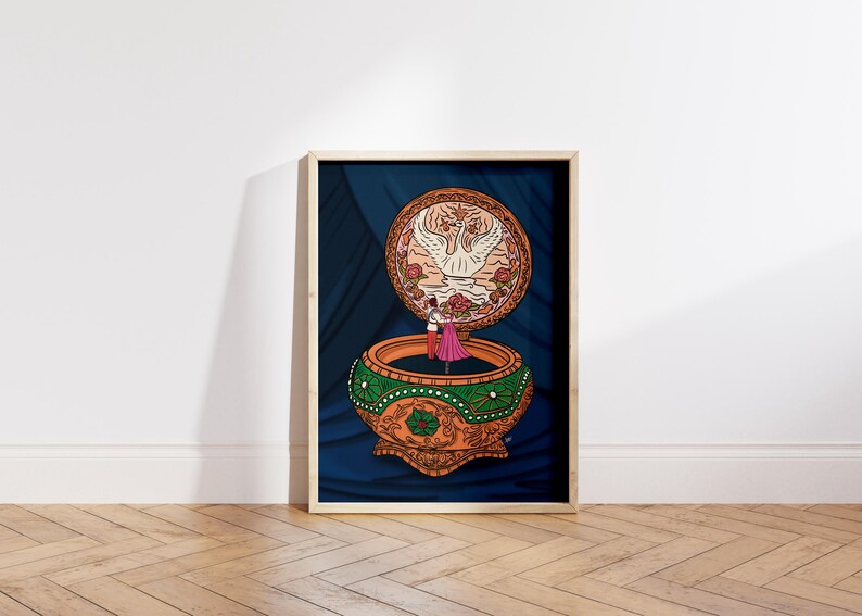 Digital illustration print leaning against a wall on hardwood floor, styled in a modern, minimalist wooden frame.