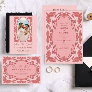 May include: Pink save the date cards with a floral border and a photo of a couple. The text reads "Save the Date" with the names "Allisa & Charlie" and the date "September 18".