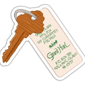 May include: A sticker featuring a vintage-style key and hotel tag. The key is brown with a silver ring. The tag reads "Grand Hotel" with address details and a guarantee of postage.