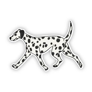 May include: A sticker featuring a Dalmatian dog illustration. The dog is white with black spots and is depicted in a walking pose. The illustration has a clean, minimalist style with black outlines and details.
