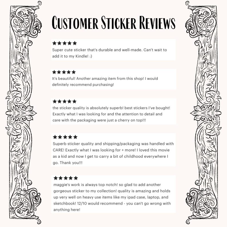 May include: Five customer reviews for stickers. Each review includes a five-star rating and a short description of the sticker and the seller's service. The reviews highlight the quality of the stickers, the attention to detail in packaging, and the overall positive experience.