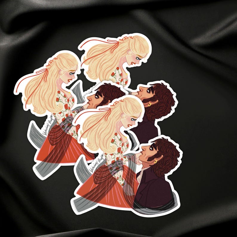 May include: A collection of stickers featuring illustrations of a woman with long blonde hair and a man with dark hair. The woman wears a floral top and a red skirt. The man wears a dark coat. The stickers are on a black background.