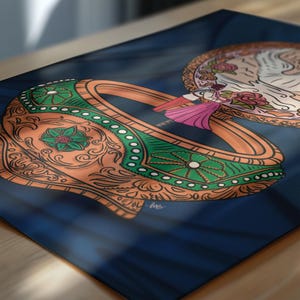 Close-up of digital art print inspired by the Together in Paris music box from Anastasia, showing ornate green and copper details.