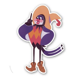 May include: A sticker featuring a cartoon bird character with a large hat and a pointing finger. The bird has purple wings, a red and orange diamond-patterned vest, and brown boots. The background is white.