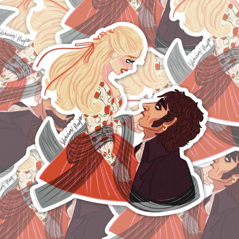 May include: Illustration of a woman in a floral dress and a man in a dark coat, with the text "Wuthering Heights" on the sticker. The woman has long blonde hair and a red ribbon. The man has dark hair and a gold earring. The sticker has a white border.