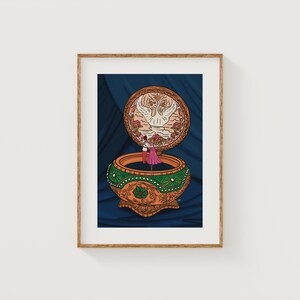 Framed Together in Paris art print displayed on a white wall, showcasing vintage music box illustration in cozy home decor style.