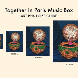 Size comparison guide showing 4 sizes of the “Together in Paris” digital art print – 5x7, 8x10, 11x14, and 16x20 inches.
