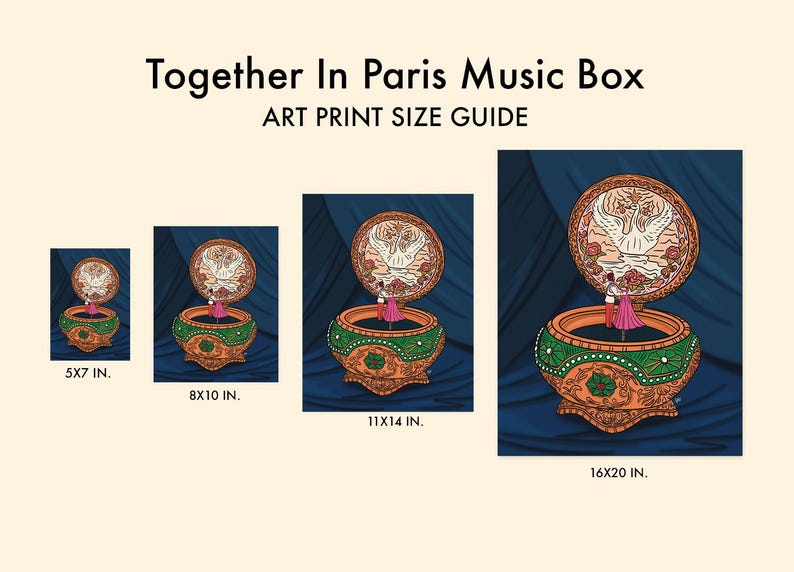 Size comparison guide showing 4 sizes of the “Together in Paris” digital art print – 5x7, 8x10, 11x14, and 16x20 inches.